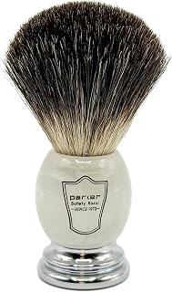 Parker 100% Black Badger Bristle Shaving Brush with Ivory Marbled Handle - Brush Stand Included