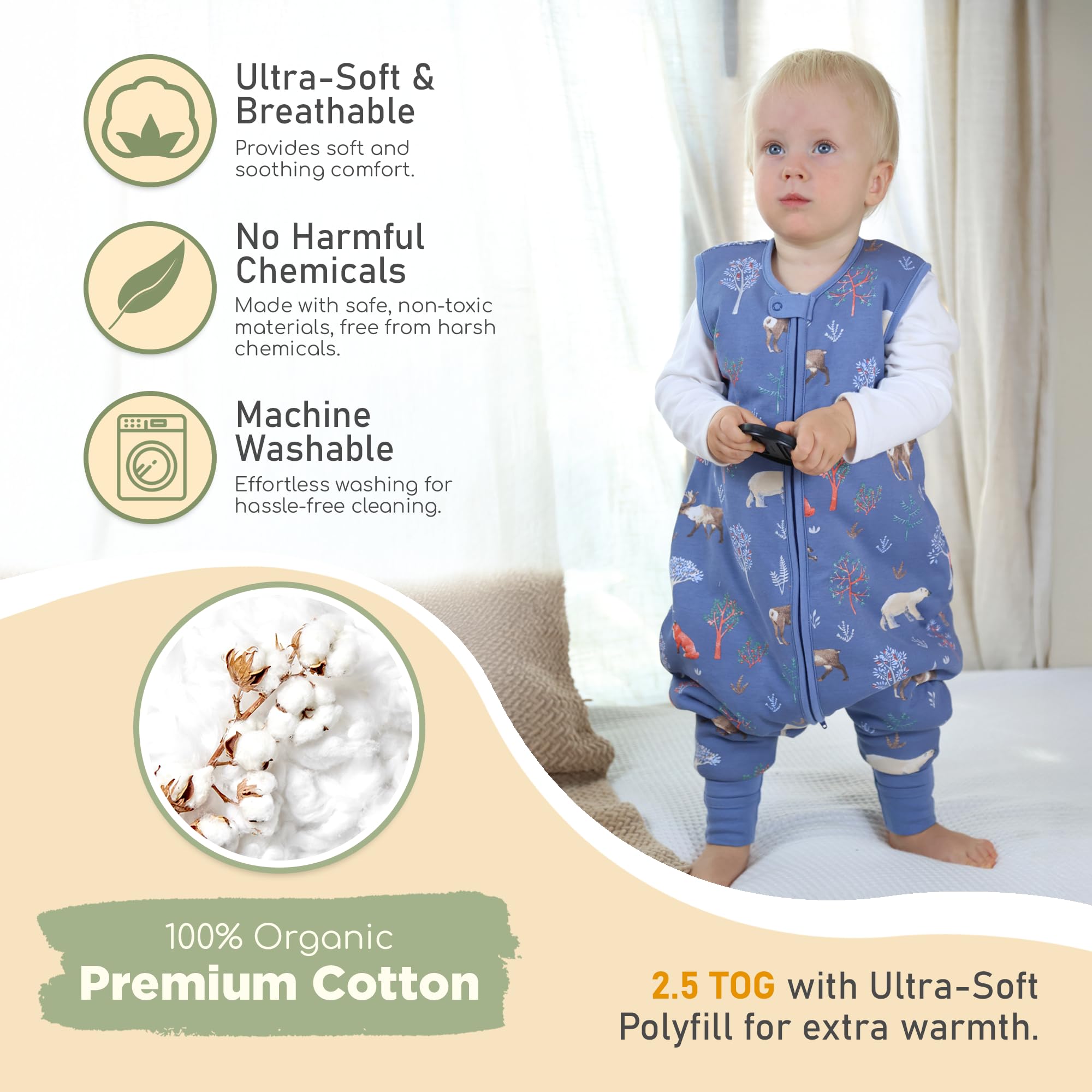 Mama Cheetah Toddler Sleep Sack with Feet, 6-18 Month, 2.5 TOG Organic Cotton Baby Sleeping Bag with Legs - Image 2