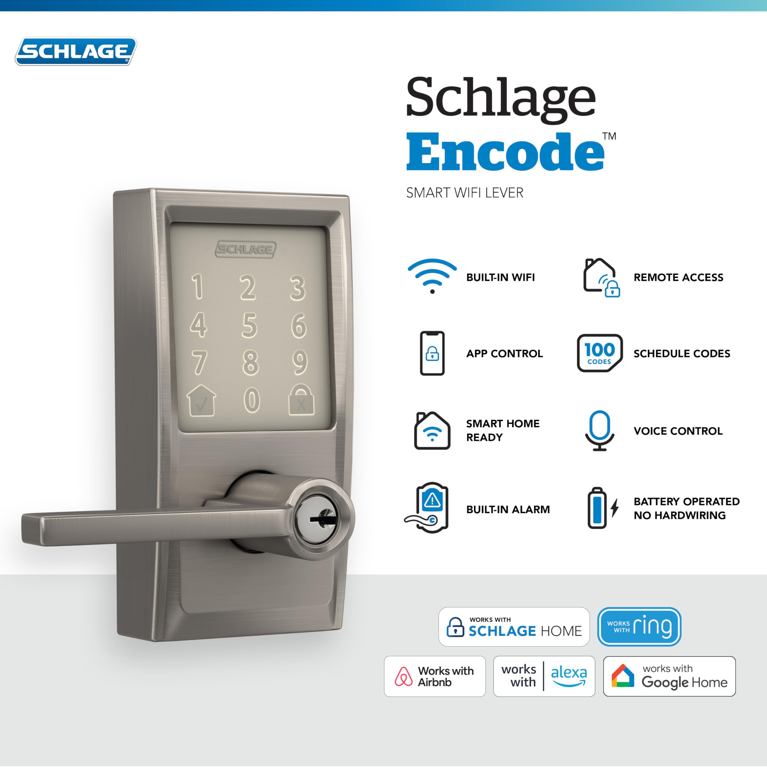 Schlage Encode Smart WiFi Lock Lever Handle Camelot Trim Satin Nickel | Keyless door lock with handle Touchscreen keypad App control Alexa Google Ring & Airbnb compatible Certified security product thumbnail 4