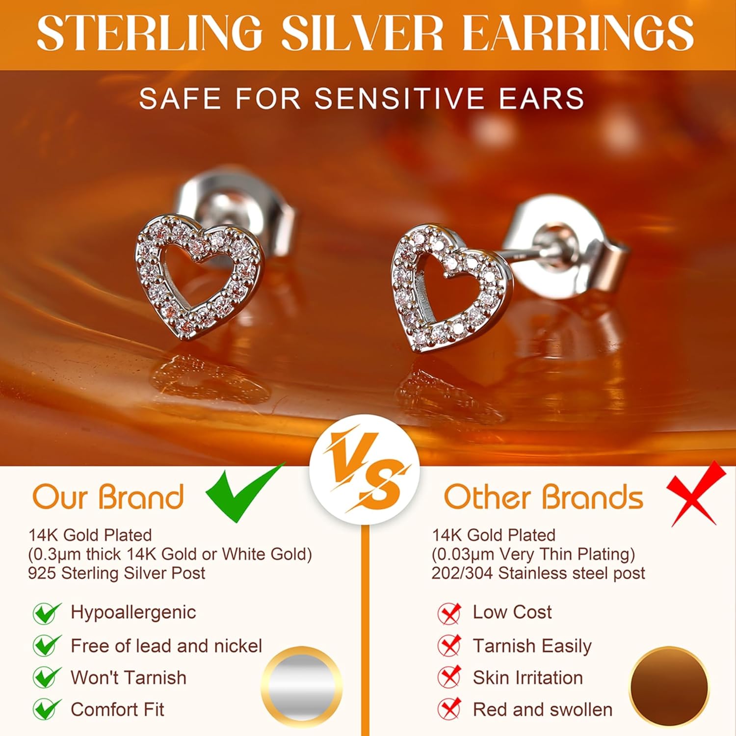 SAILIMUE Hypoallergenic Sterling Silver Stud Earrings for Women Men Brilliant Heart Knot Round Cubic Zirconia Earring Studs for Sensitive Ears Gold Silver Tone - Image 4