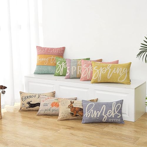 Miniatura 2 de TRENDIN Funda de almohada Hello Spring de 20 x 12 pulgadas decoración de Pascua para el hogar casa de campo grano de madera colorido funda de cojín