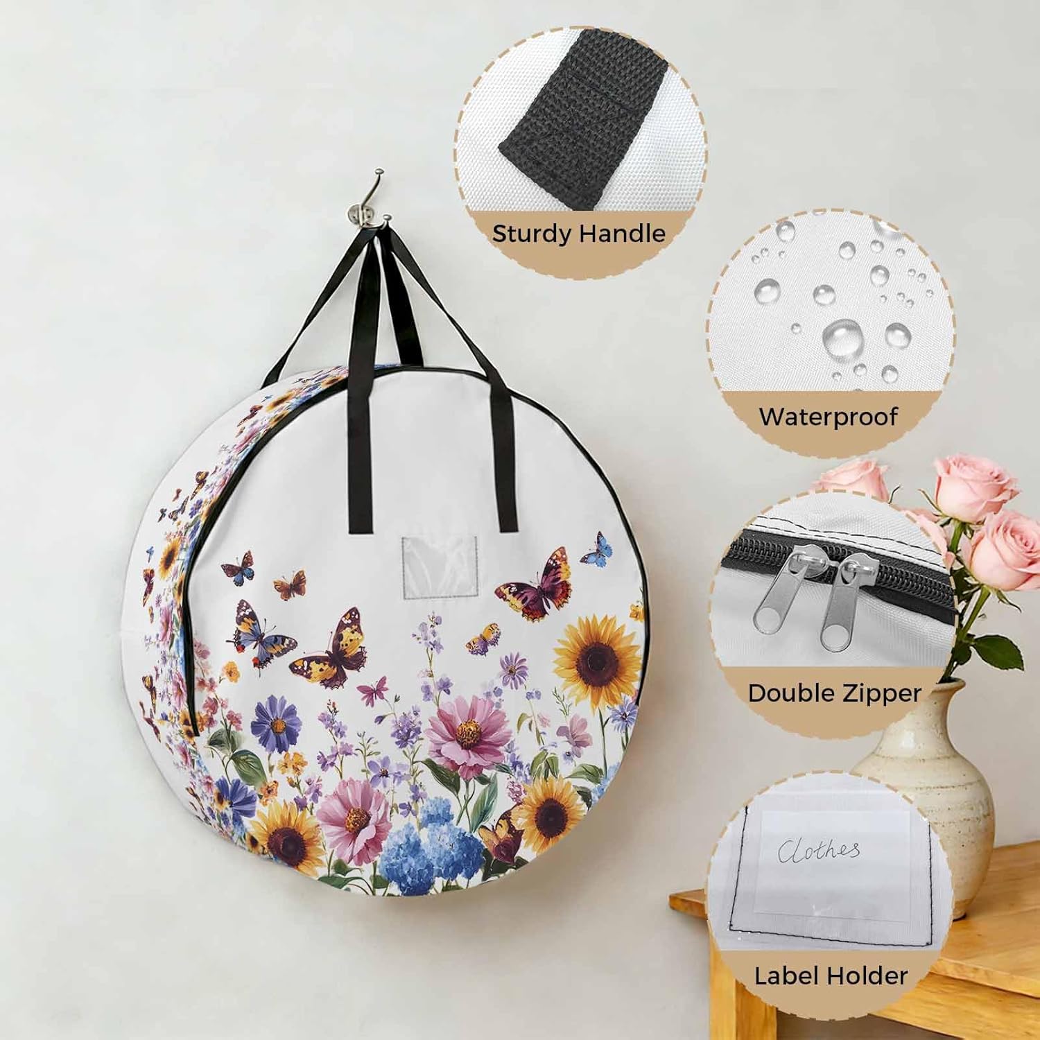 Retro Florals Round Storage Bag 36 Inch, Sunflower Daisy Butterflies Country Pastoral Clothes Storage Container with Handles Heavy Duty Organizer for Comforter, Bedding & Holiday Wreaths