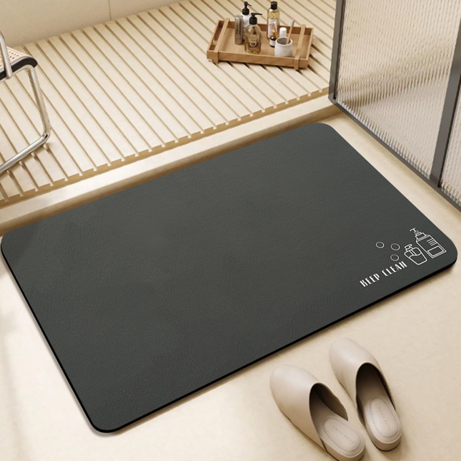 Quick Dry Bath Mat Non Slip Anti Mould, Diatom Mud Bathroom Shower Floor Mat, Absorbent Non Slip Thin Rubber Backing Ultra Thin Bathroom Rug Fit Under Door (Dark Gray, 45 * 70 cm)