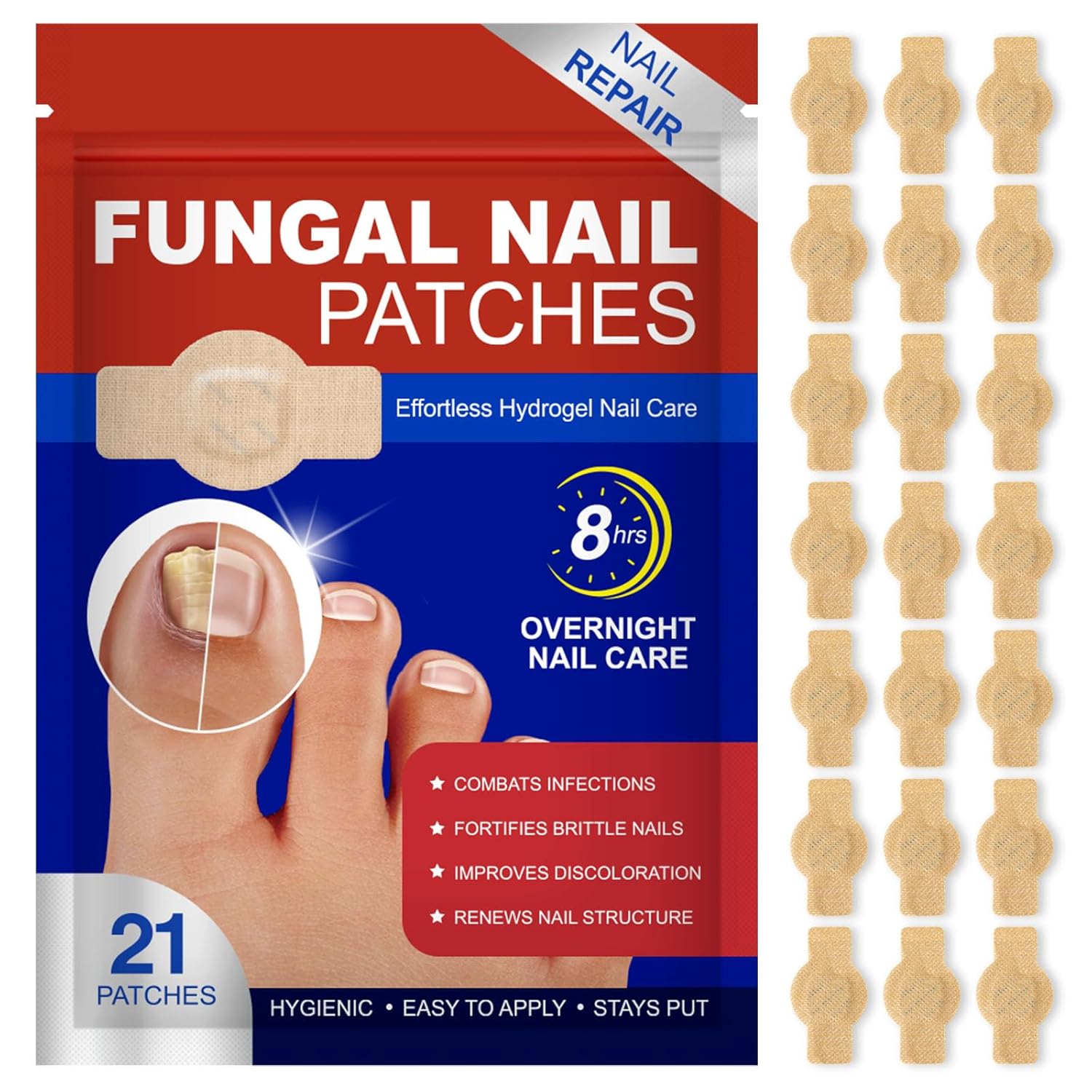 Nail Patches 21 PCS Toenail Treatment Extra Strength 8-Hour Fast Acting Repair Damaged Nails Overnight Nail Repair Effortless Hydrogel Nail Care Renewal for Men and Women