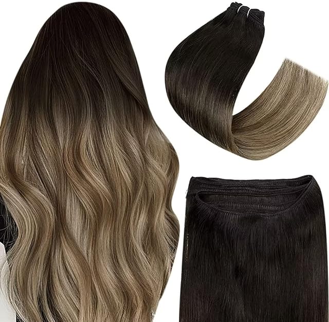 Easyouth Weft Hair Extensions 16 Inch 100g Sew in Extensions Human Hair Balayage Black to Brown and Blonde Double Weft Extensions Real Hair Ombre