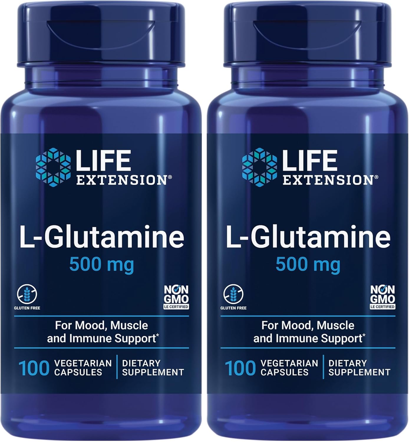 Life Extension L-Glutamine,500 mg L-glutamine,Amino Acid,Supports Muscle Health and Immune Health,Gluten-Free,Non-GMO,100 Vegetarian Capsules,(Pack of 2)