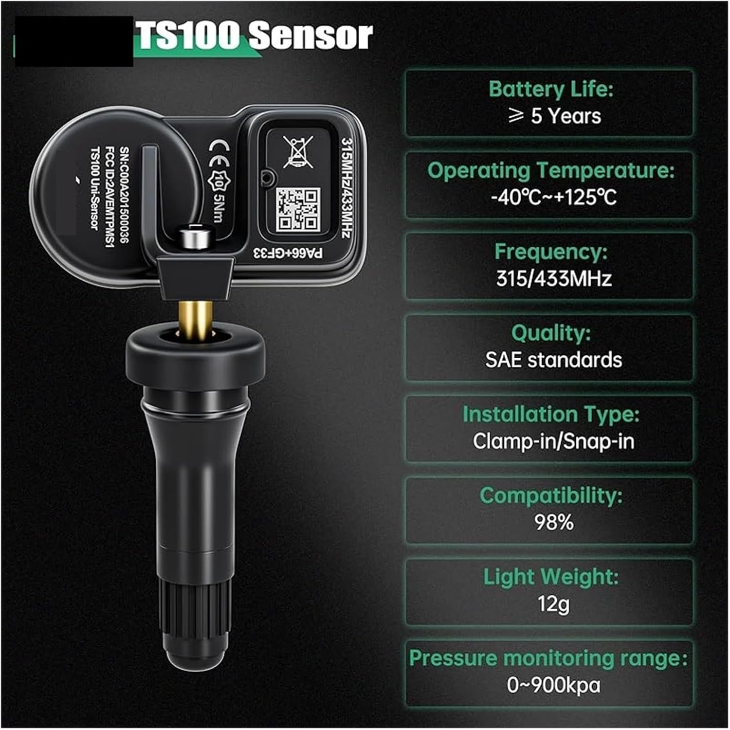 TS100 TPMS Sensor Rubber Version - 433MHZ & 315MHZ Tire Pressure Monitor Tester Tool Compatible with TP150 IP819TP(8 PCS Rubber)