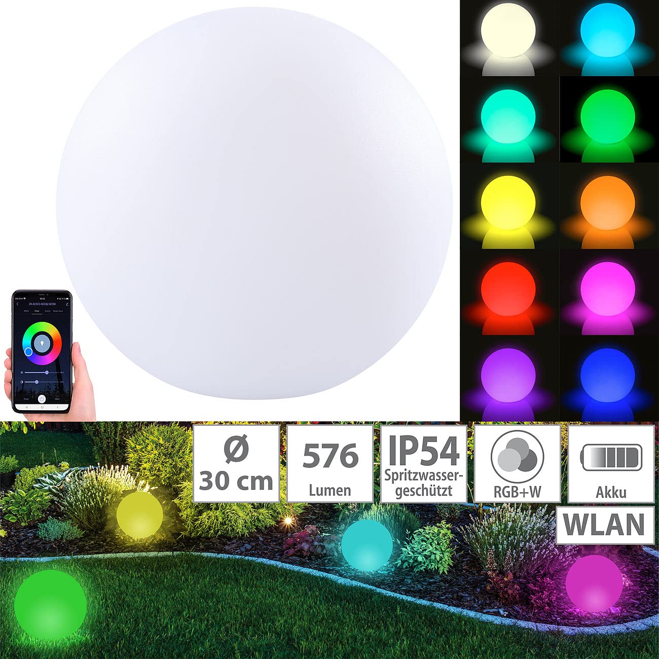 Luminea Home Control Leuchtkugeln: WLAN-Akku-Leuchtkugel mit RGBW-LEDs und App, 576 lm, IP54, Ø 30 cm (Gartenleuchte Kugel, WLAN-Akku-Leuchtkugeln RGBW, LED Tischleuchte Batterie)