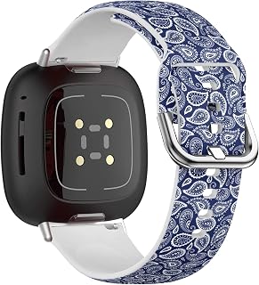 Compatible with Fitbit Versa 3, Versa 4, Sense, Sense 2 (Paisley Blue White Pattern) Soft Silicone Sport Band for Women Men, Replacement Bracelet Strap for Fitbit Versa 3 & 4, Fitbit Sense, Sense 2