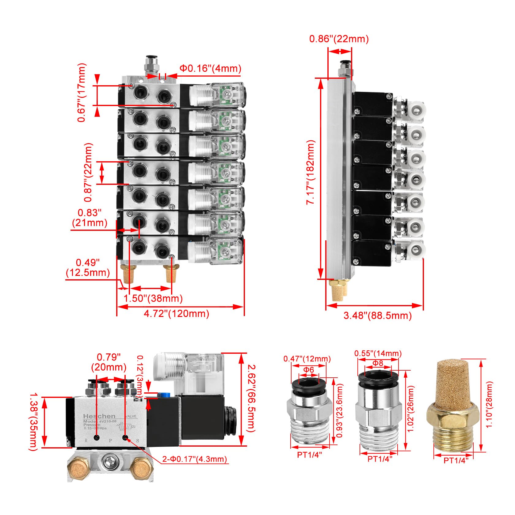 Heschen Elettrovalvola pneumatica a 7 solenoide 4V210-08 DC 24V PT1/4 5 vie, distributore a 2 posizioni, montaggio rapido