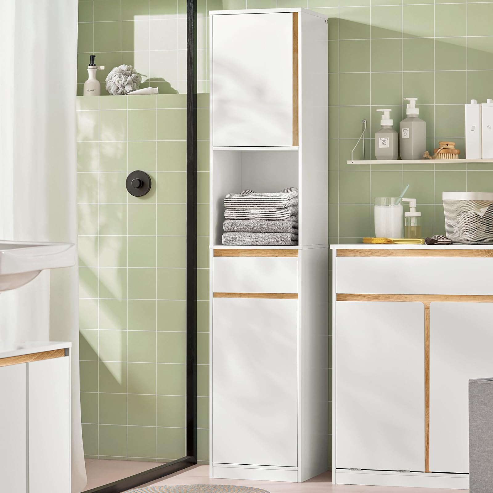 SoBuy Mobile Colonna Bagno Salvaspazio con 1 Cassetto, 1 Ripiano Aperto e 2 Ante – Armadietto Alto e Stretto per Bagno, WC o Lavanderia, Bianco 35x33x170cm BZR80-W