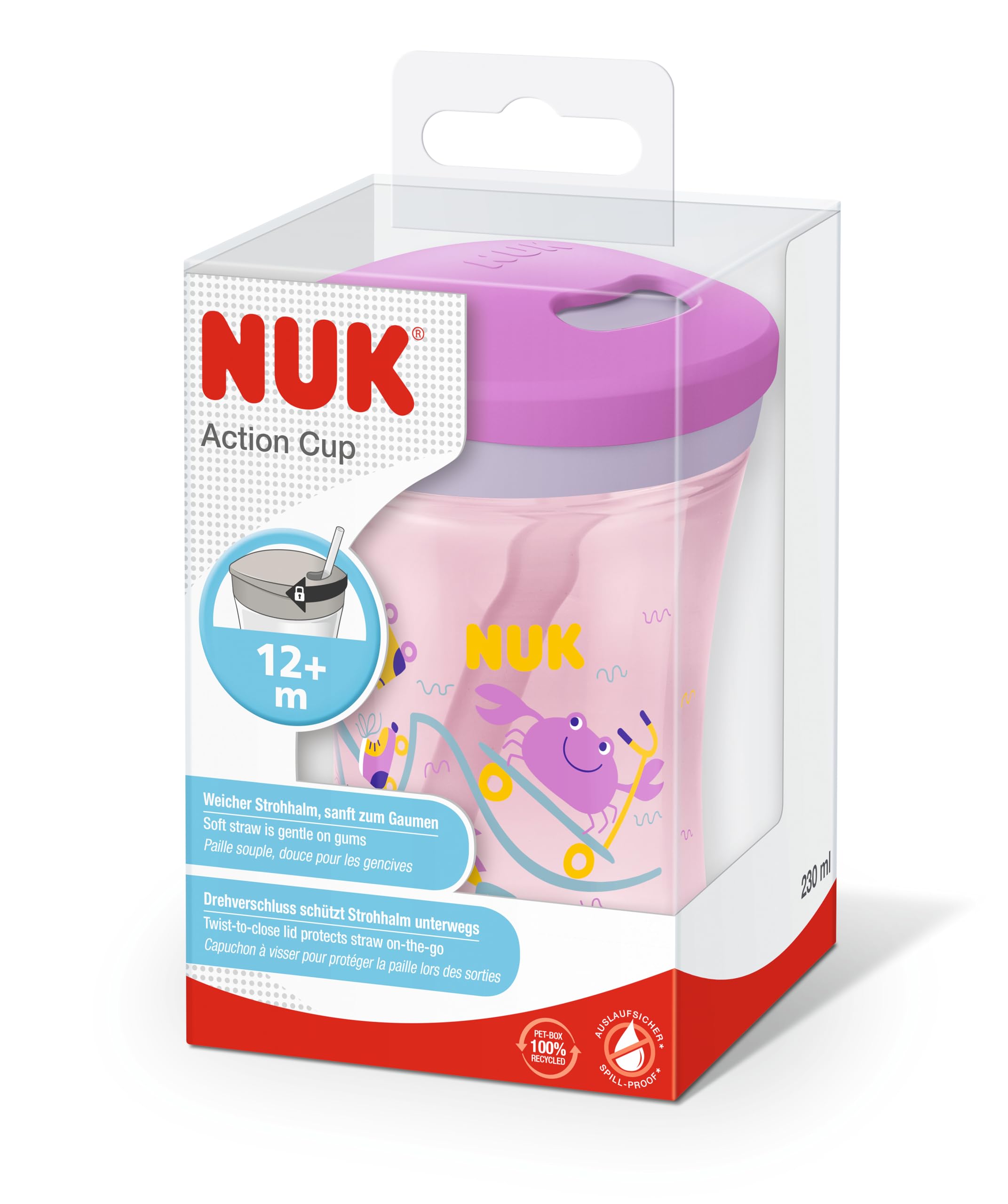 Kubek dla malucha NUK Action Cup | Od 12 miesiąca | Zakręcany, z miękką słomką | Szczelny | Nie zawiera BPA | 230 ml | Krab (czerwony)