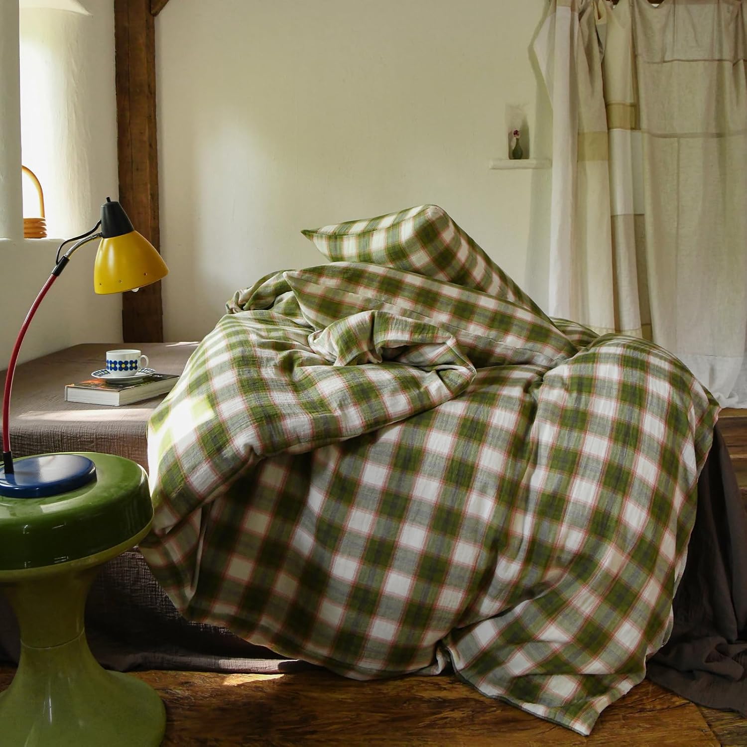 EAVD Vintage Style Gingham Duvet Cover Queen Soft 100% Muslin Cotton Yarn-Dyed Textured Chic Pink&Green Grid Plaid Bedding Set with 2 Pillowcases British-Style Plaid Duvet Cover with Zipper