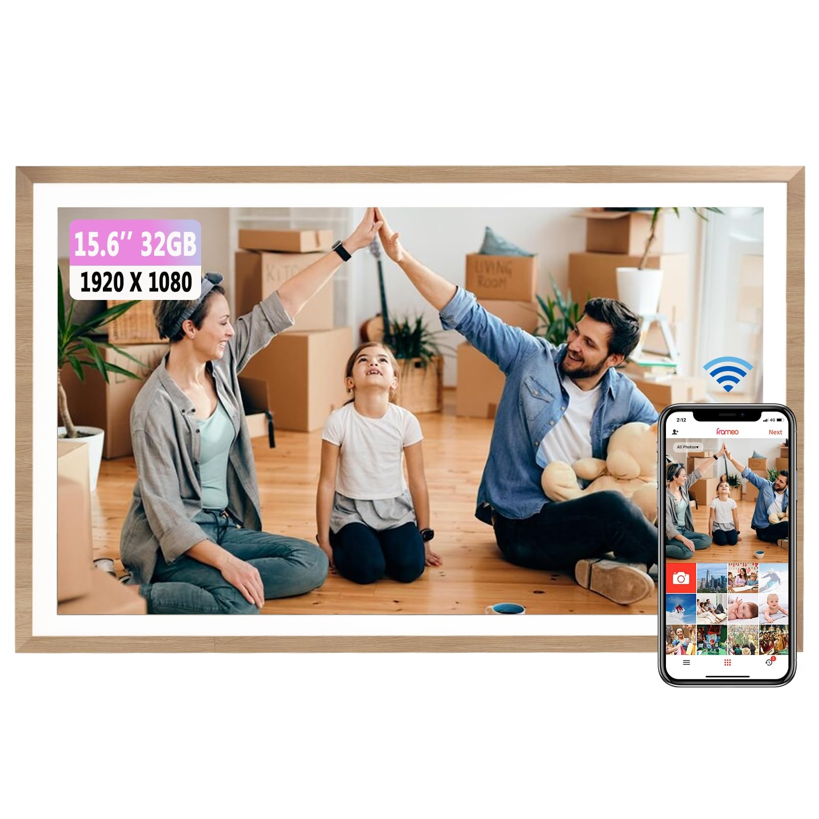 Frameo Digitaler Bilderrahmen 15,6 Zoll WLAN,1920x1080 FHD IPS Touchscreen Smart Fotorahmen Groß mit 32GB WALN Fernfreigabe von Fotos und Videos mit Kalender Wetter Musik