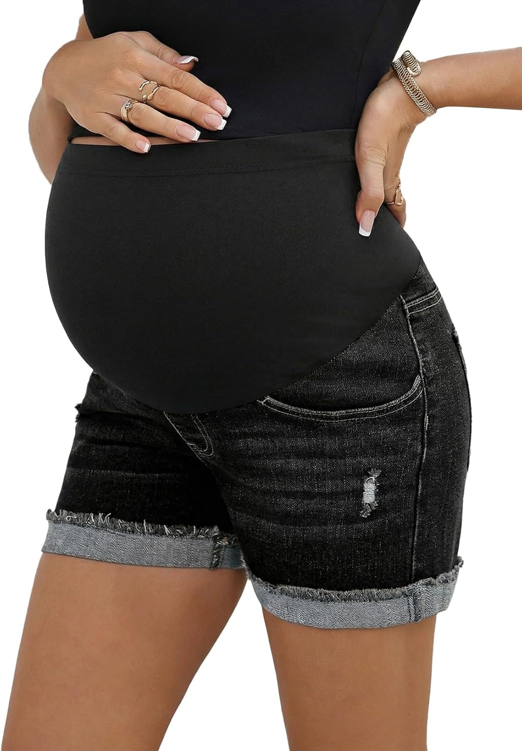 BLENCOT Women's Maternity Jean Shorts Stretchy Comfy Over Belly Ripped Casual Summer Pregnancy Clothes with Pockets