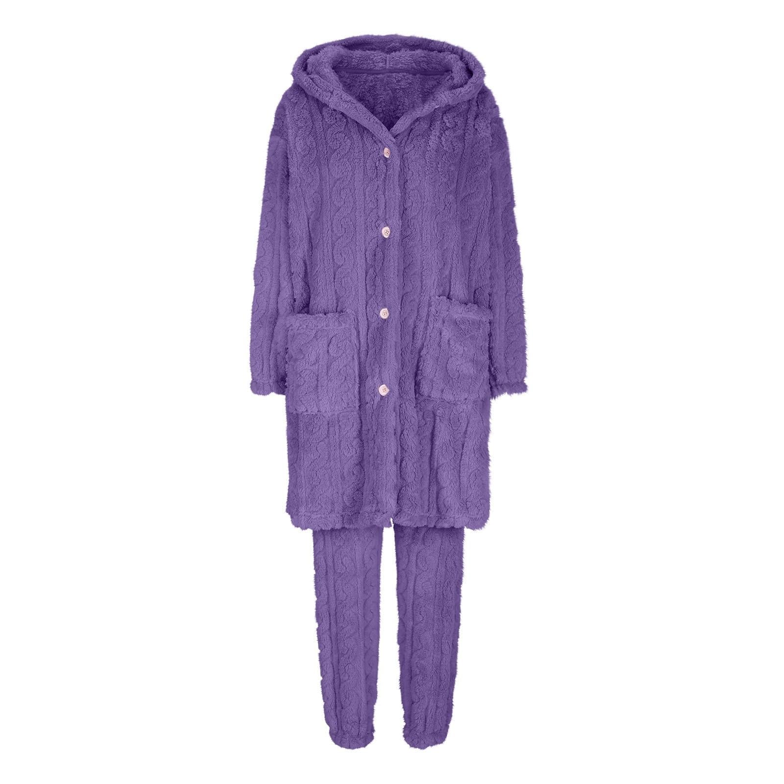 Conjunto de pijama largo y pantalón para mujer, conjunto de pijama de invierno para mujer, forro polar coral, bata con botones y pantalones con puños, conjunto de ropa de dormir de 2 piezas, ropa de