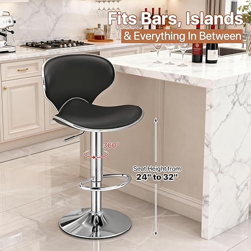 Miniatura 7 de Magshion Juego de 2 taburetes de bar ajustables de piel sintética, modernos taburetes giratorios con respaldo y reposapiés, sillas de encimera de