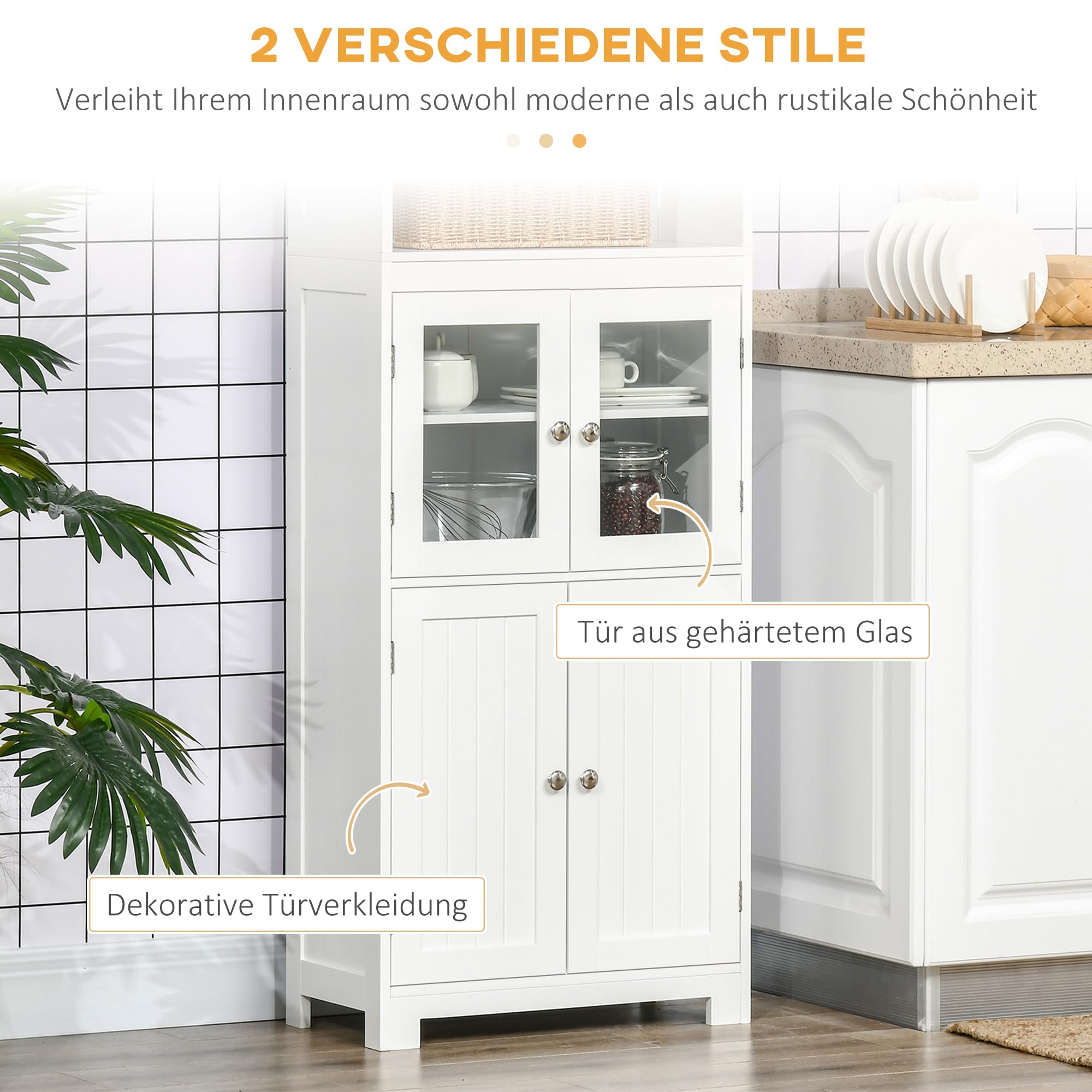 HOMCOM Küchenschrank, Küchenbuffet, Vitrinenschrank mit 2 Schränken, 2 Offenen Ebenen, Mehrzweckschrank mit Anti-Kipp-Schutz, für Esszimmer, Wohnzimmer, 60 x 30 x 162 cm, Weiß