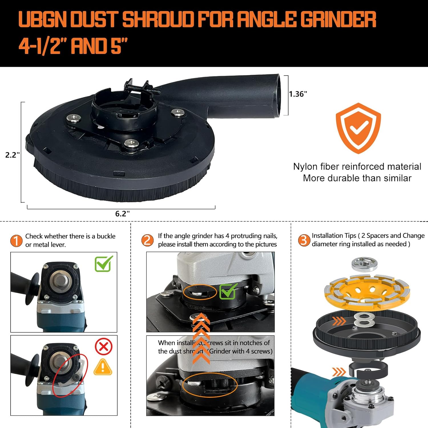 Dust Shroud for Angle Grinder 4.5 inch and 5 inch, Grinder Dust Shroud with 2 Spacers, 3 Pcs Hose Adapters 1 1/4 inch to 1 3/4 inch to 2 2/5 inch