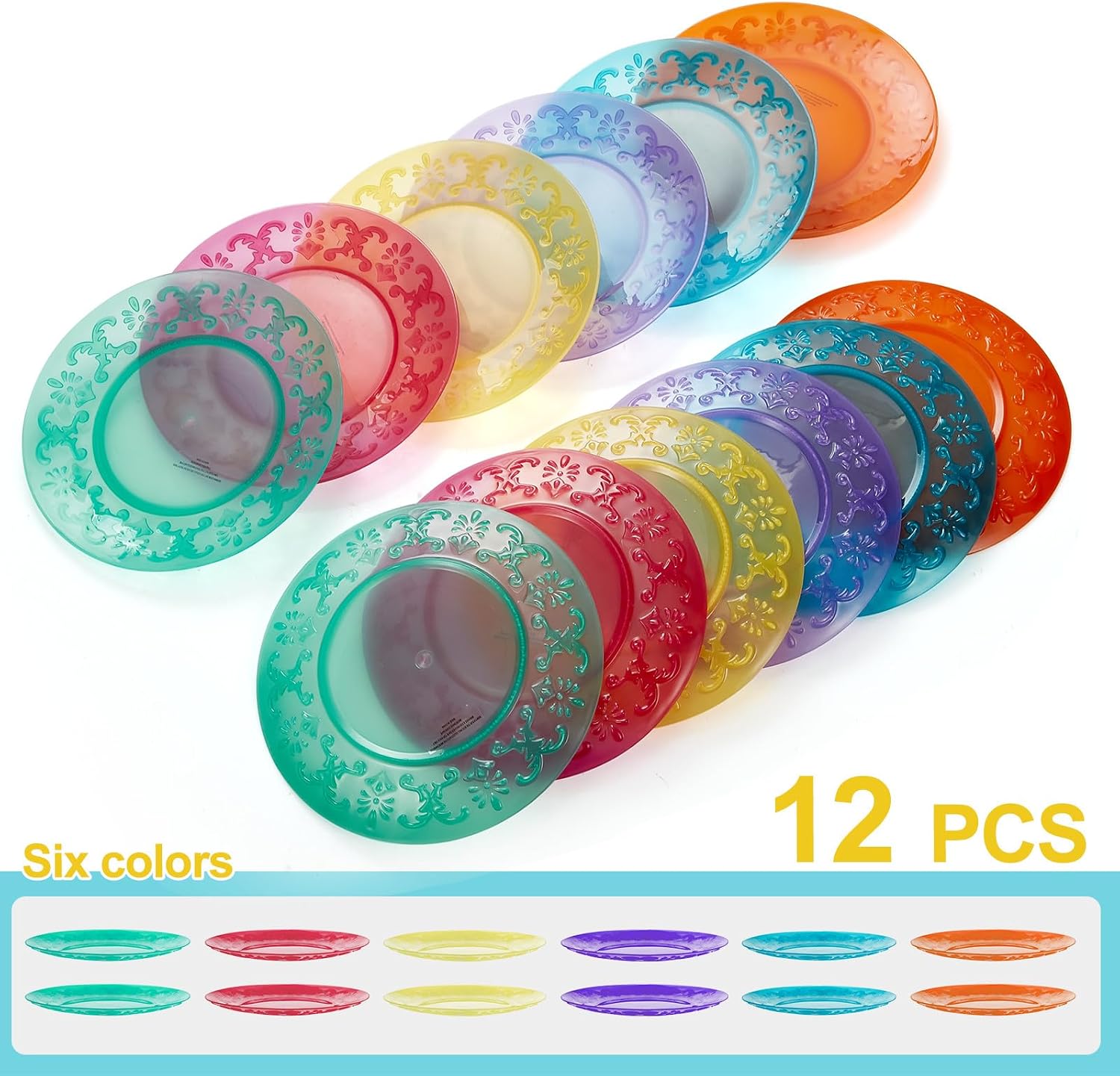Plastic Dinner Plates Set of 12 Reusable - Unbreakable Lightweight Flat Plate 9 Inch in 6 Assorted Colors, Multicolor Everyday Plates BPA Free for Kids Kitchen, Microwave Dishwasher Safe