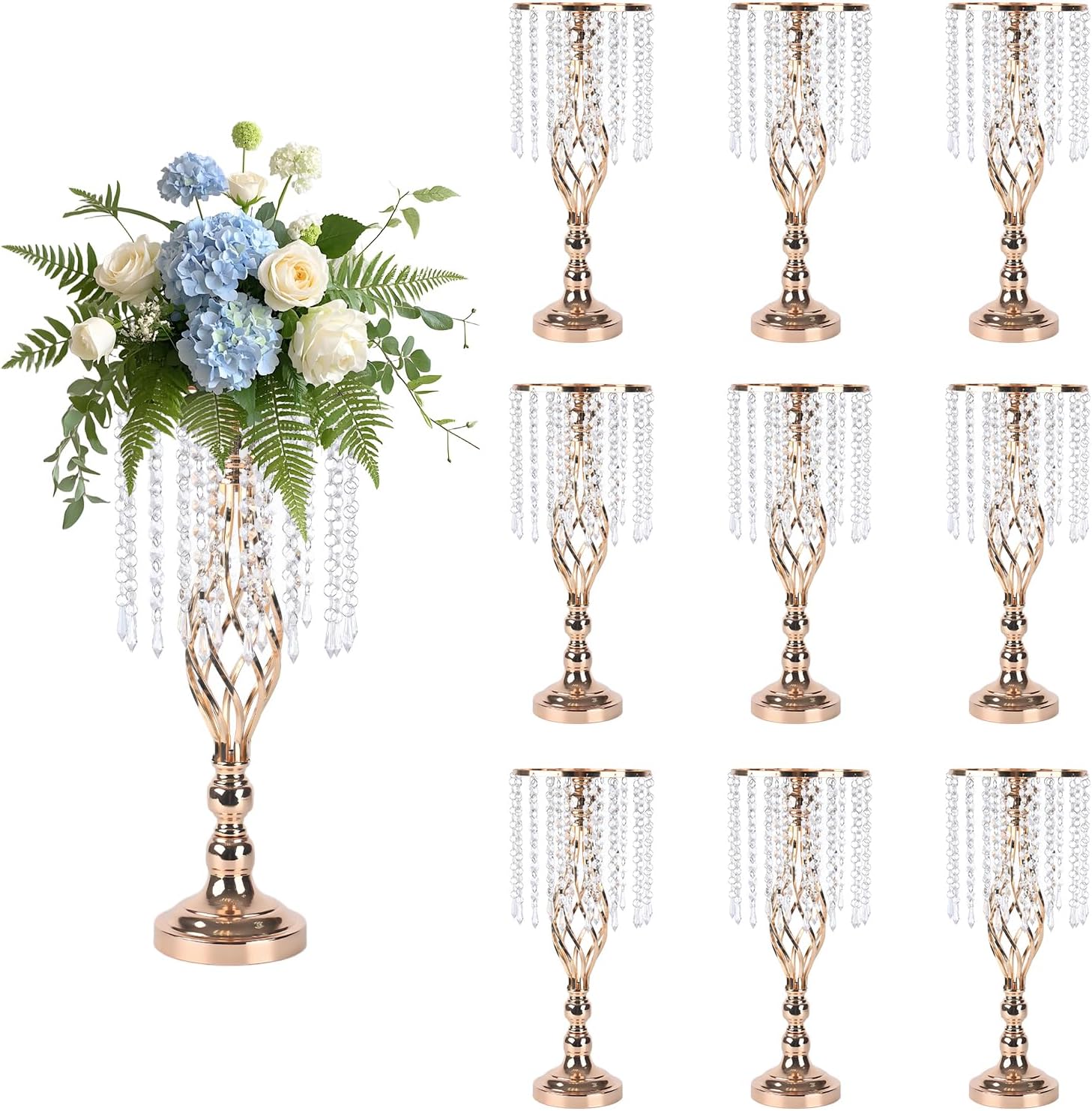 10 Pcs Gold Flower Stand Centerpiece 19.3 Inch Tall Gold Vase with Chandelier Metal Flower Holders for Wedding Party Birthday Party Decor (M-19.3inch)