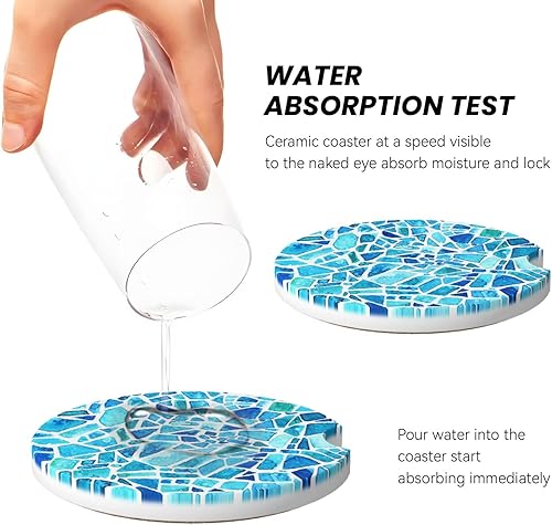 Miniatura 6 de Posavasos de coche de mosaico azul para portavasos de automóvil, paquete de 2 posavasos de cerámica para bebidas, accesorios para interiores para