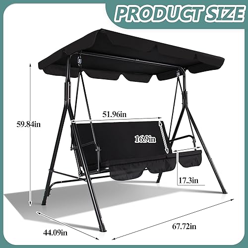 Miniatura 2 de COVERONICS Silla columpio de porche de 3 asientos, columpio de porche con toldo ajustable, marco de acero duradero para patio, césped, jardín,