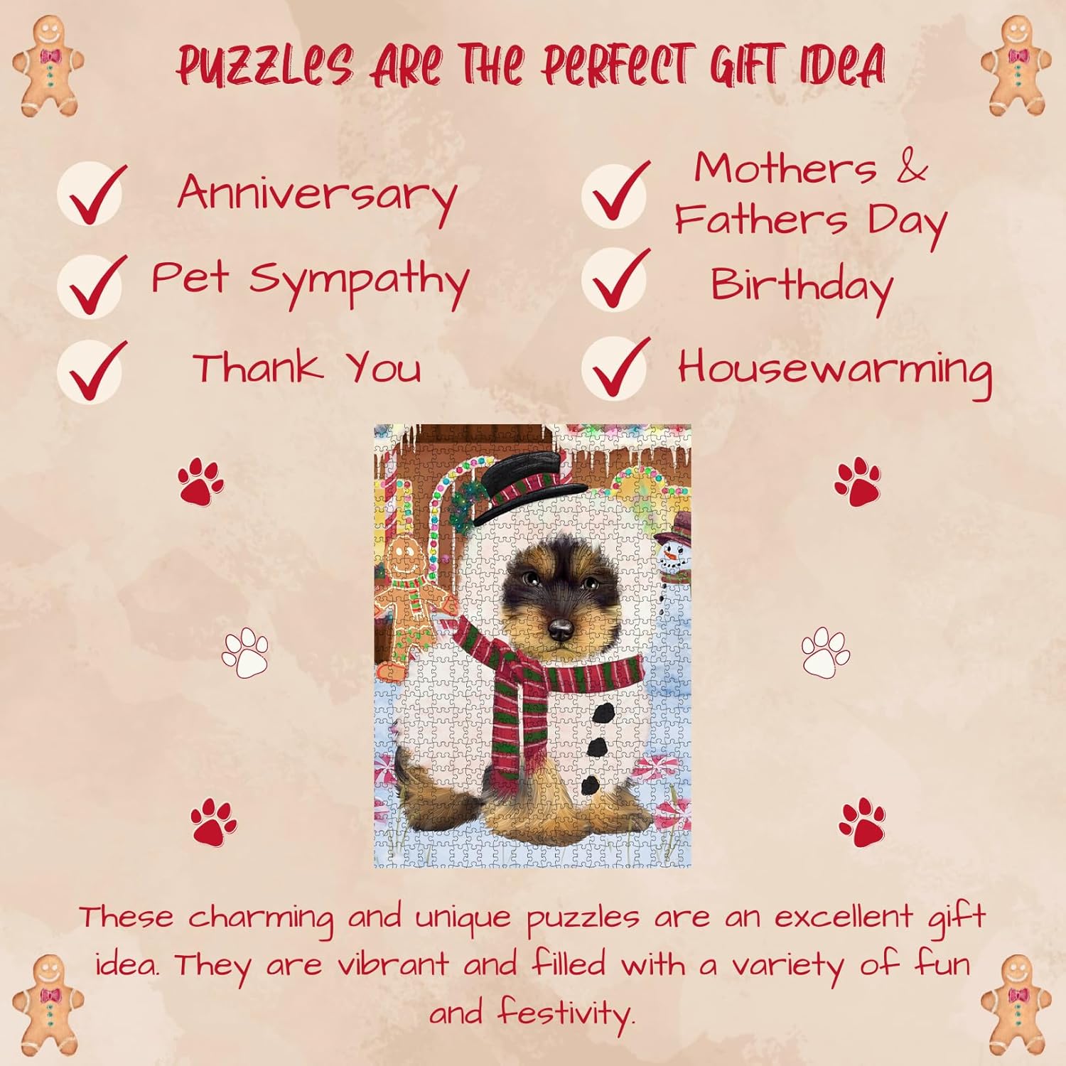 Christmas Gingerbread Snowman Yorkshire Terrier Dog Jigsaw Puzzle for Adults - Animal Printed Interlocking Puzzle Game Artwork - Gift for Dog Lover's - 1000 Pcs 29.5"x19.7"