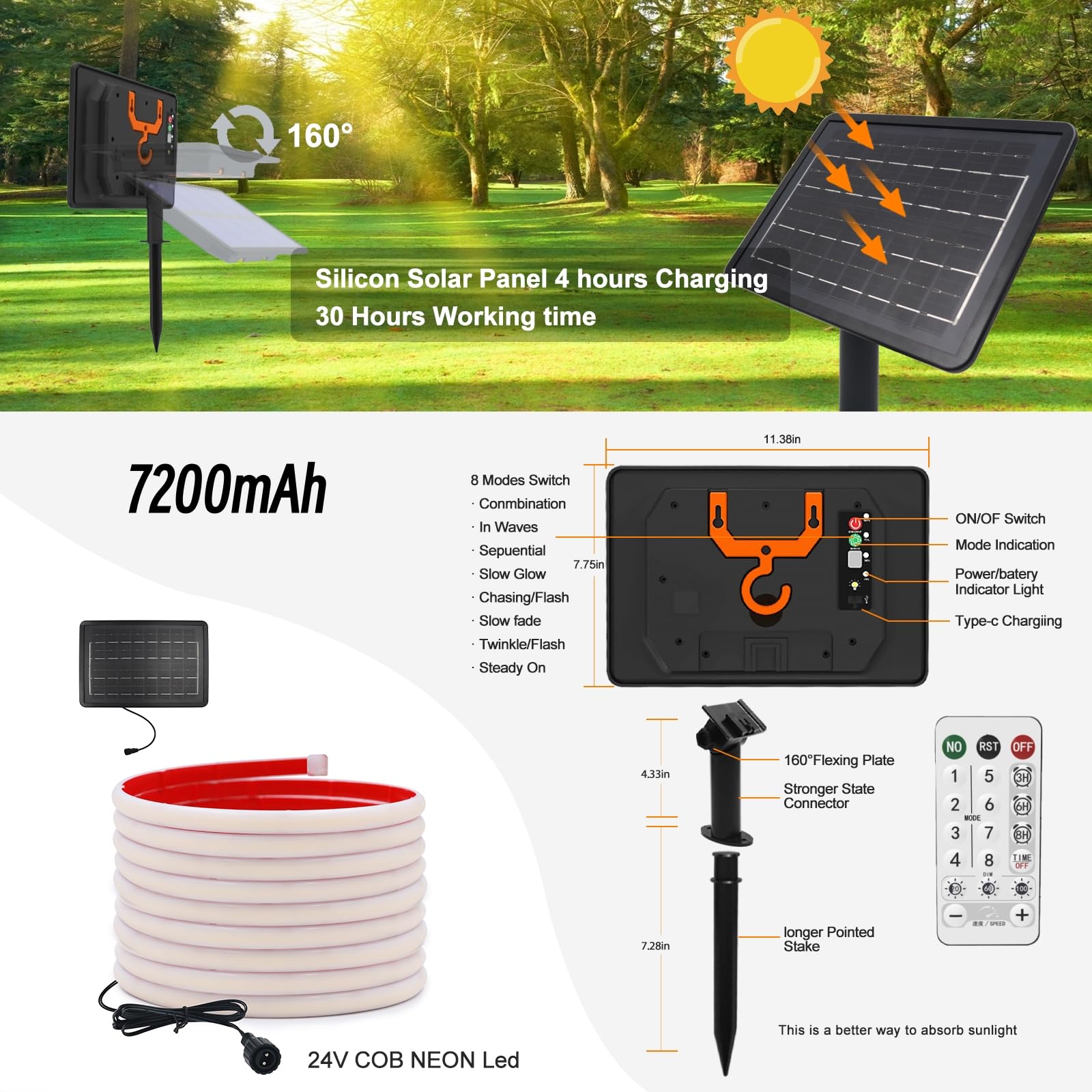 KISUFU 24V Bande LED lumineuse solaire Extérieur, 320 LEDs/m IP68 Étanche Auto-adhésive 2400mah Solar Powered Ruban LED Light Strip avec télécommande et 8 modes pour porche, décoration de jardin.