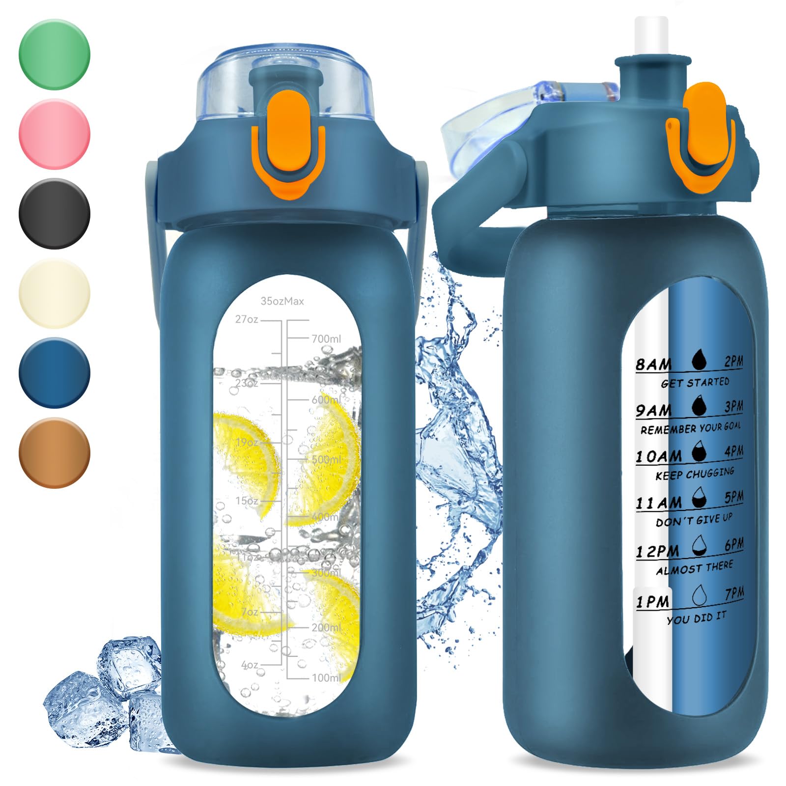 1 Liter Glass Water Bottle with Time Marker - 1000ml Large Sports Motivational Water Bottles with Handle & Silicone Case, 1 Liter Leak-proof Measured Drinking Bottle for Gym Fitness Workout (Blue)