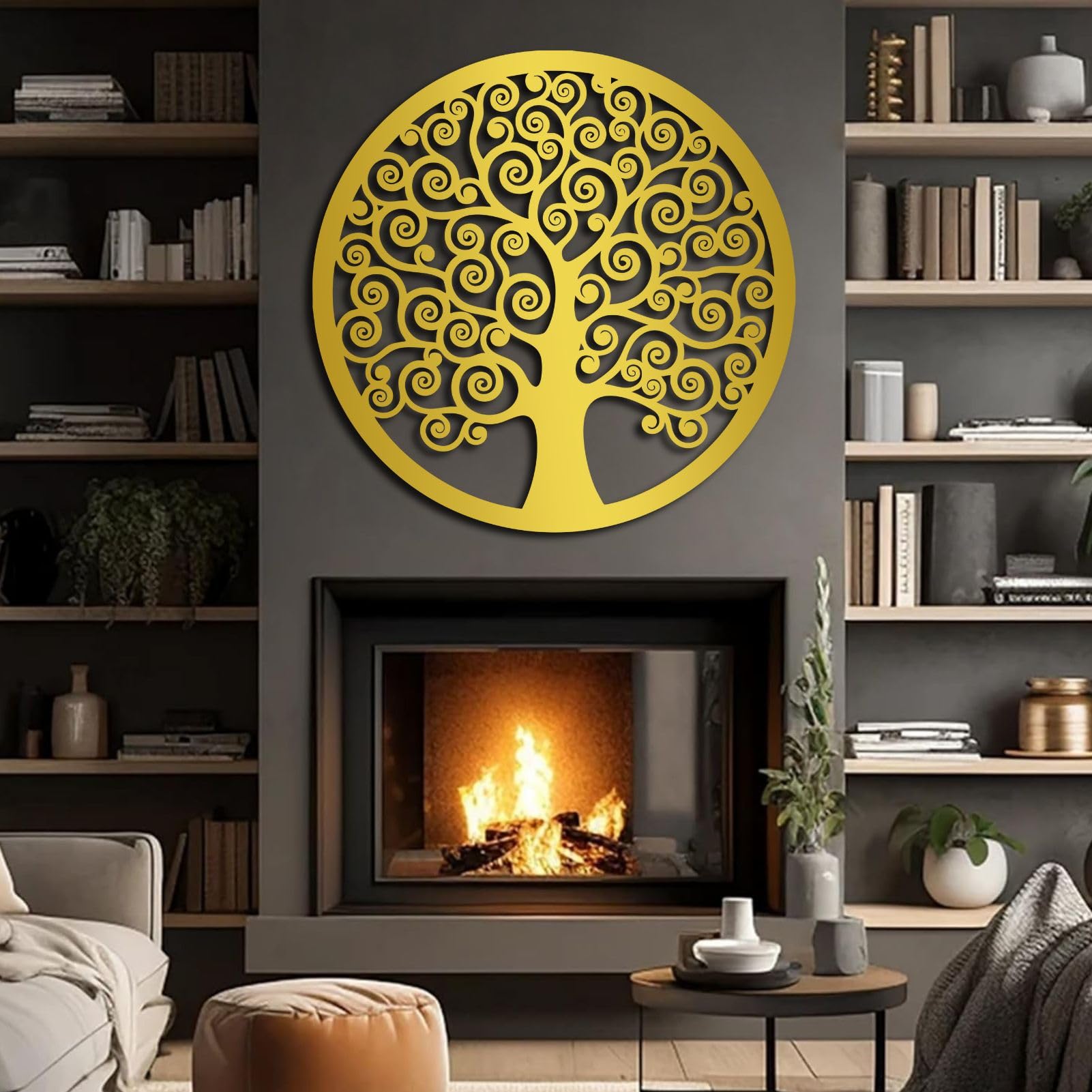 Decorazione murale in Metallo Scultura da Appendere all'albero della Vita per Soggiorno e Camera da Letto Colore Oro 80x80 cm (31x31 Pollici)