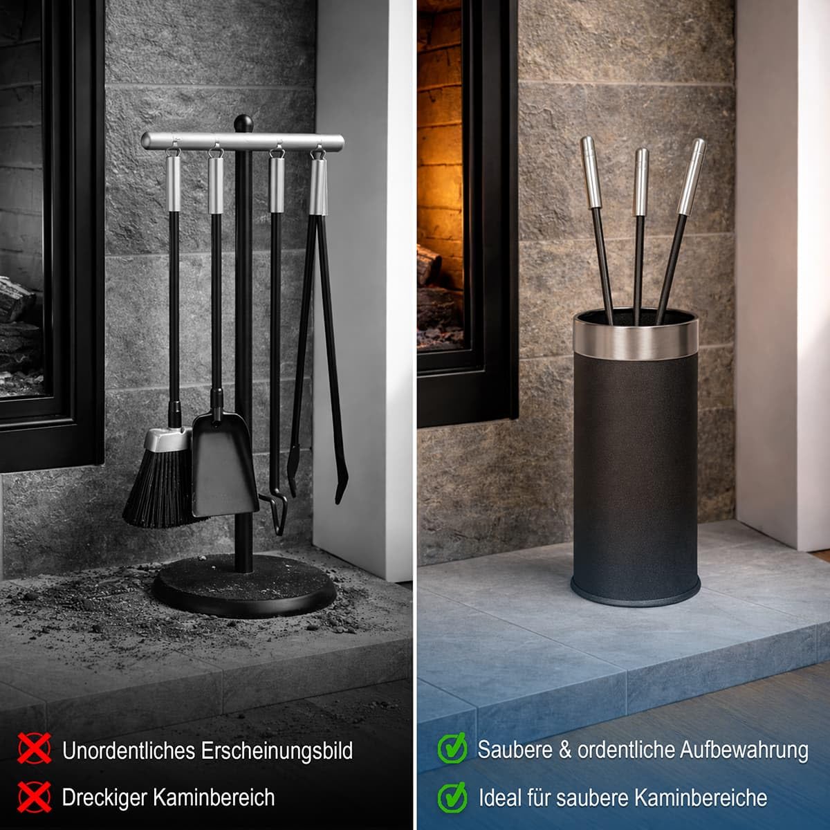 MS Beschläge 4-tlg. Kaminbesteck Anthrazit beschichtet - Kamingarnitur Einfassung & Griffe massiv Edelstahl - Ofenbesteck geschlossener Behälter Ofengarnitur Kaminbesteckbehälter - Kaminzubehör modern