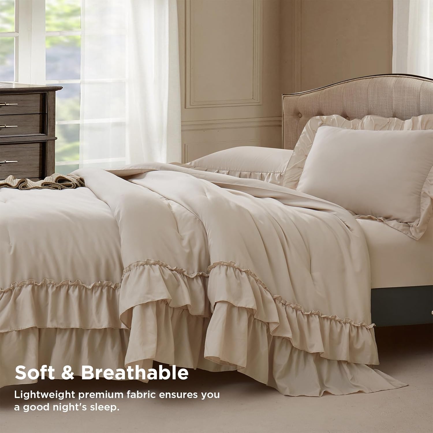 California King Size Comforter Set Beige, Lightweight Fluffy Farmhouse Ruffle Bed Set, Soft Microfiber All Season Shabby Chic Bedding Set 3 Pieces(1 Ruffle Comforter 2 Pillowcases)