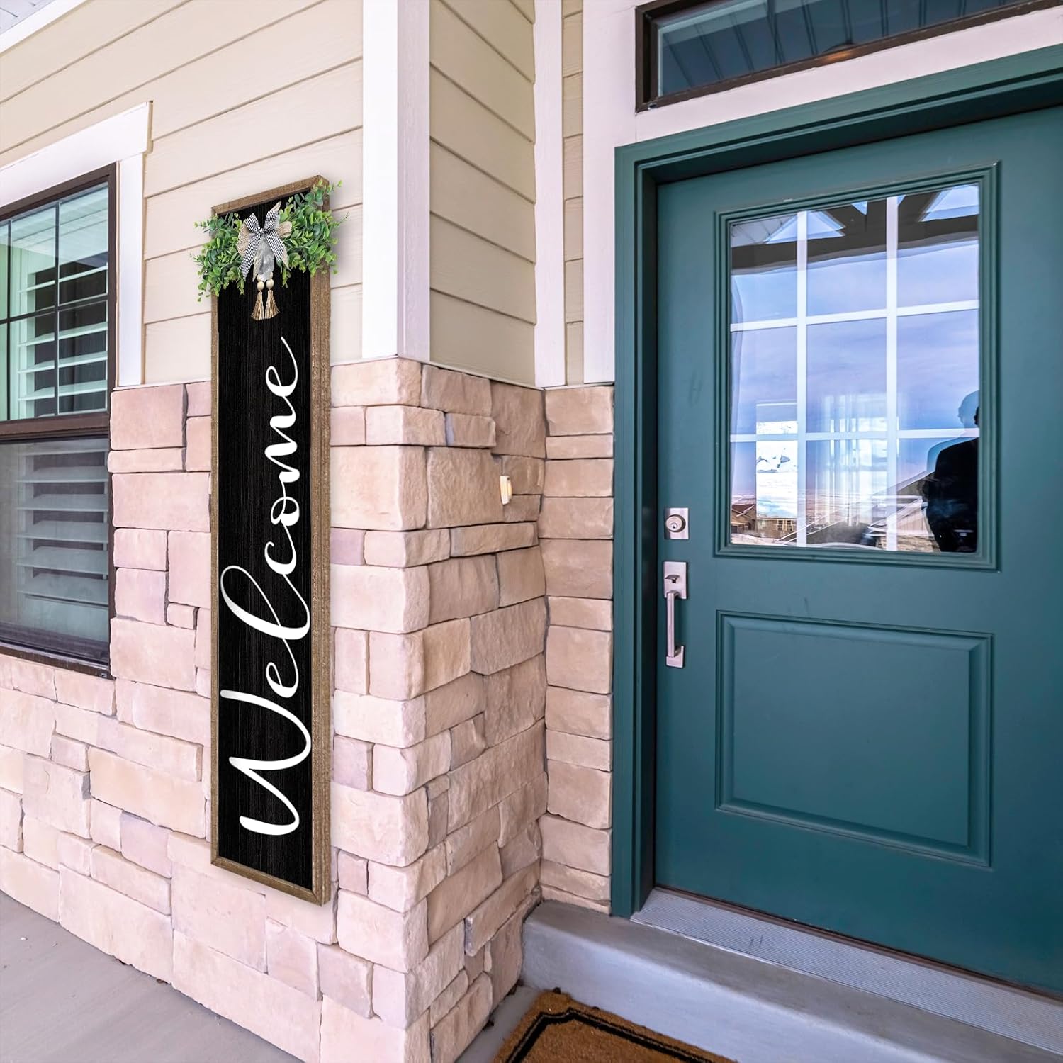 Front Porch for Welcome Standing Sign 45"X9" Vertical Tall Long Leaner Wood Framed Outdoor Front Door Sign Decor (Wood Black)