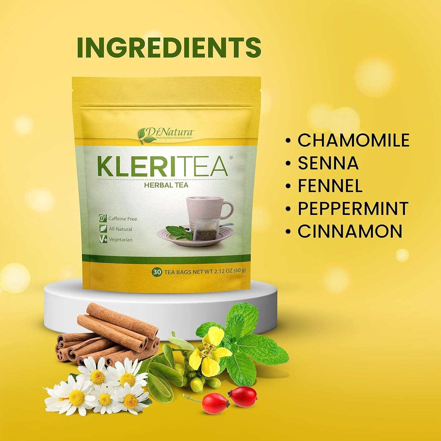 DrNatura KleriTea® Herbal Tea, Caffeine-Free Herbal Tea for Gentle, Effective Bowel Stimulation - All Natural & Vegetarian, 30 Day Supply (Pack of 3)