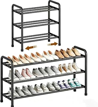 3-Tier Expandable Shoe Rack, 17"-41" Adjustable Shoe Shelf Storage Organizer, Heavy Duty Metal Free Standing Shoe Rack for Entryway Closet Doorway, Suitable for Families & Renters