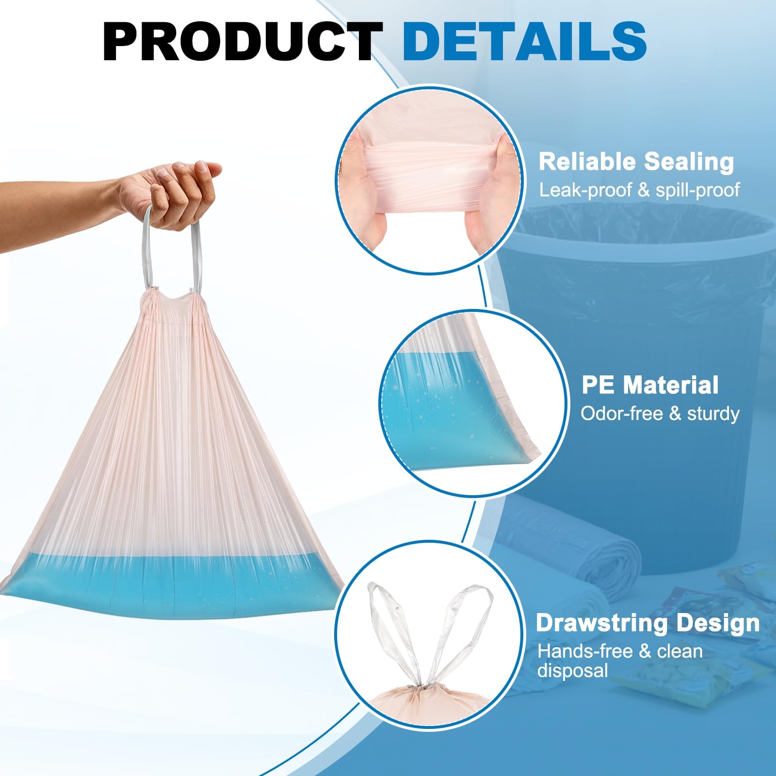 QUARKZMAN 160 Sacchetti Della Spazzatura Con Laccio 5.2 Galloni 20" | Sacchi Per Rifiuti, Rivestimenti Per Cestini Del Bagno, Senza Profumo, Design Anti-Strappo, Per Casa Ufficio Cucina