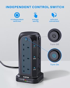 Tower Extension Lead 2M, 12 Way, 6 USB, 4 Independent Switches