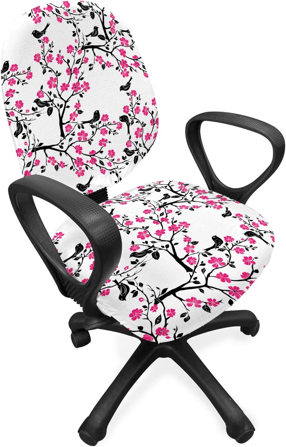 Ambesonne Cherry Blossom Office Chair Slipcover, Sakura Tree Flourishing Flowers and Birds Black Silhouettes, Protective Stretch Decorative Fabric Cover, Black Hot Pink White