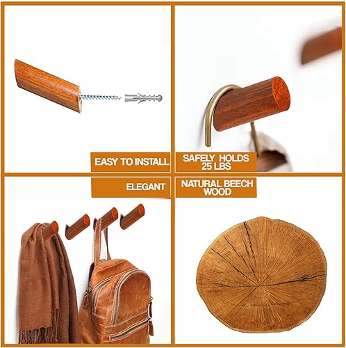 Miniatura 2 de Ganchos de pared de madera, paquete de 4 ganchos para sombreros para pared, ganchos para colgar abrigos de pared, rústicos, decorativos de madera,
