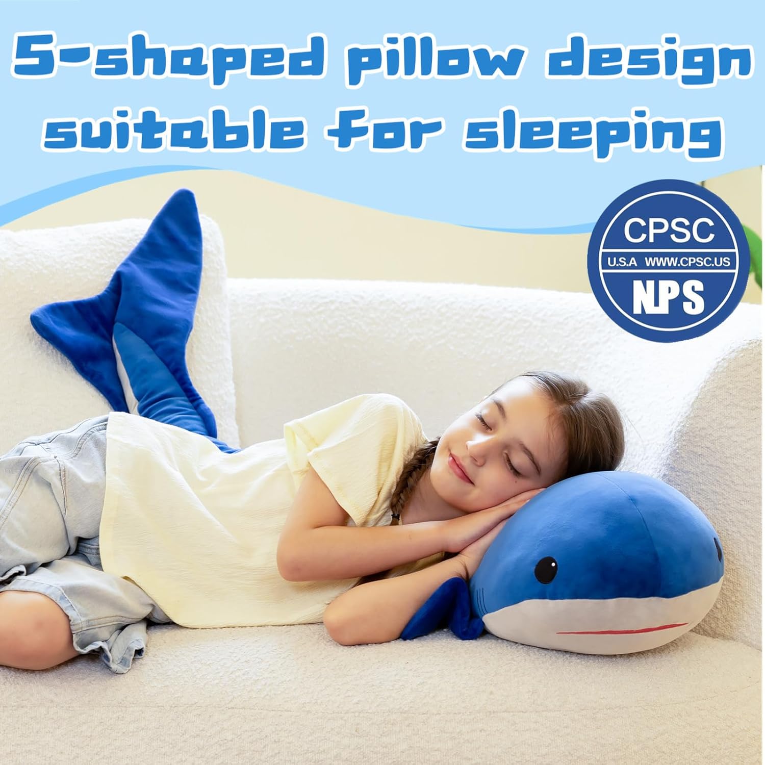 Tezituor 4ft Giant Whale Stuffed Animal, S-Shape Long Stuffed Whale Plush Body Pillow for Boys Girls Sleeping, 47inches Ocean Theme Whale Toy Gift for Christmas Birthday Decoration