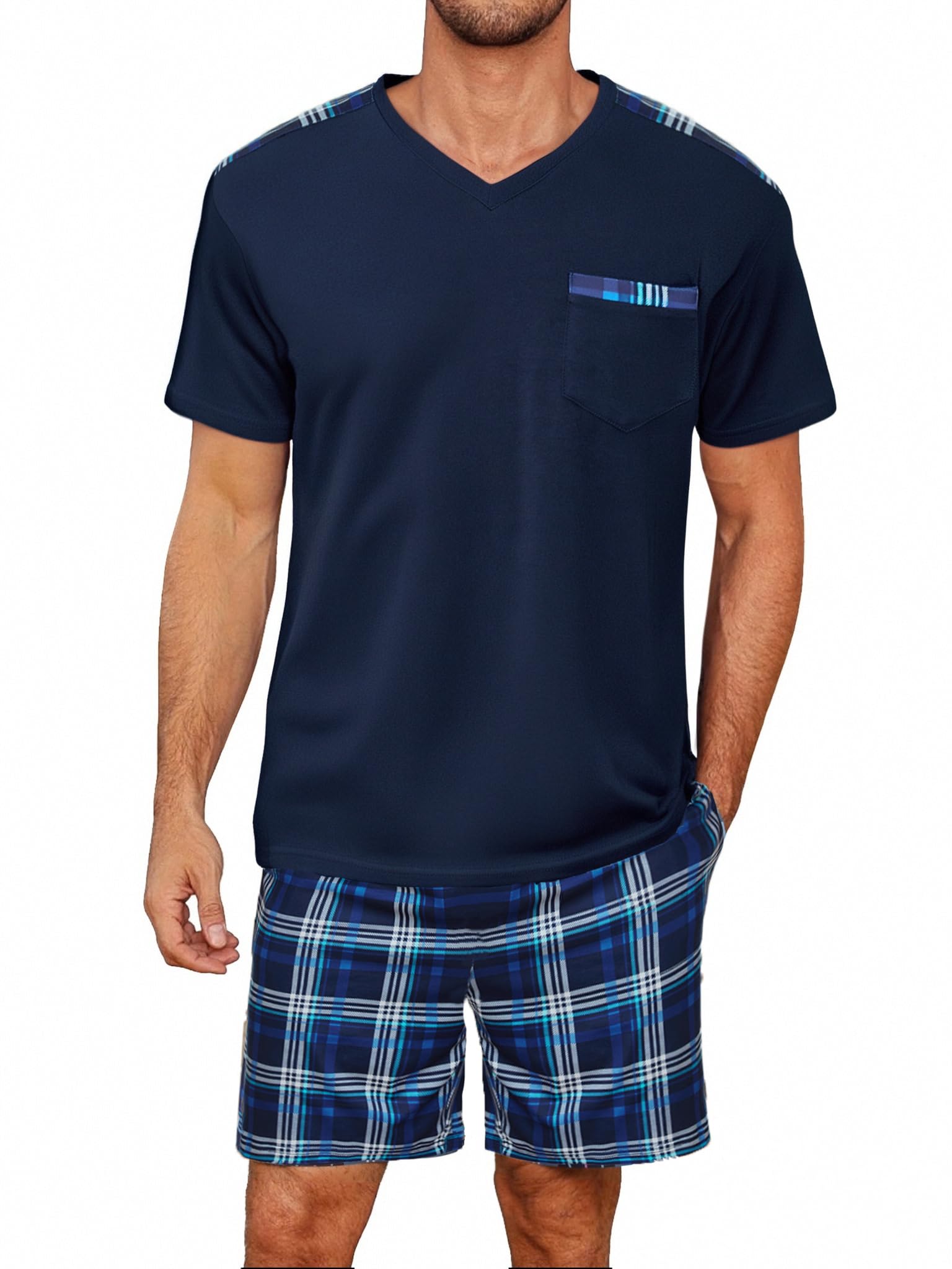 Litherday Schlafanzug Herren Kurz Sommer Baumwolle Pyjama Set Kurzarm Shorty Zweiteiliger T-Shirt Schlafanzughose Loungewear für Männer
