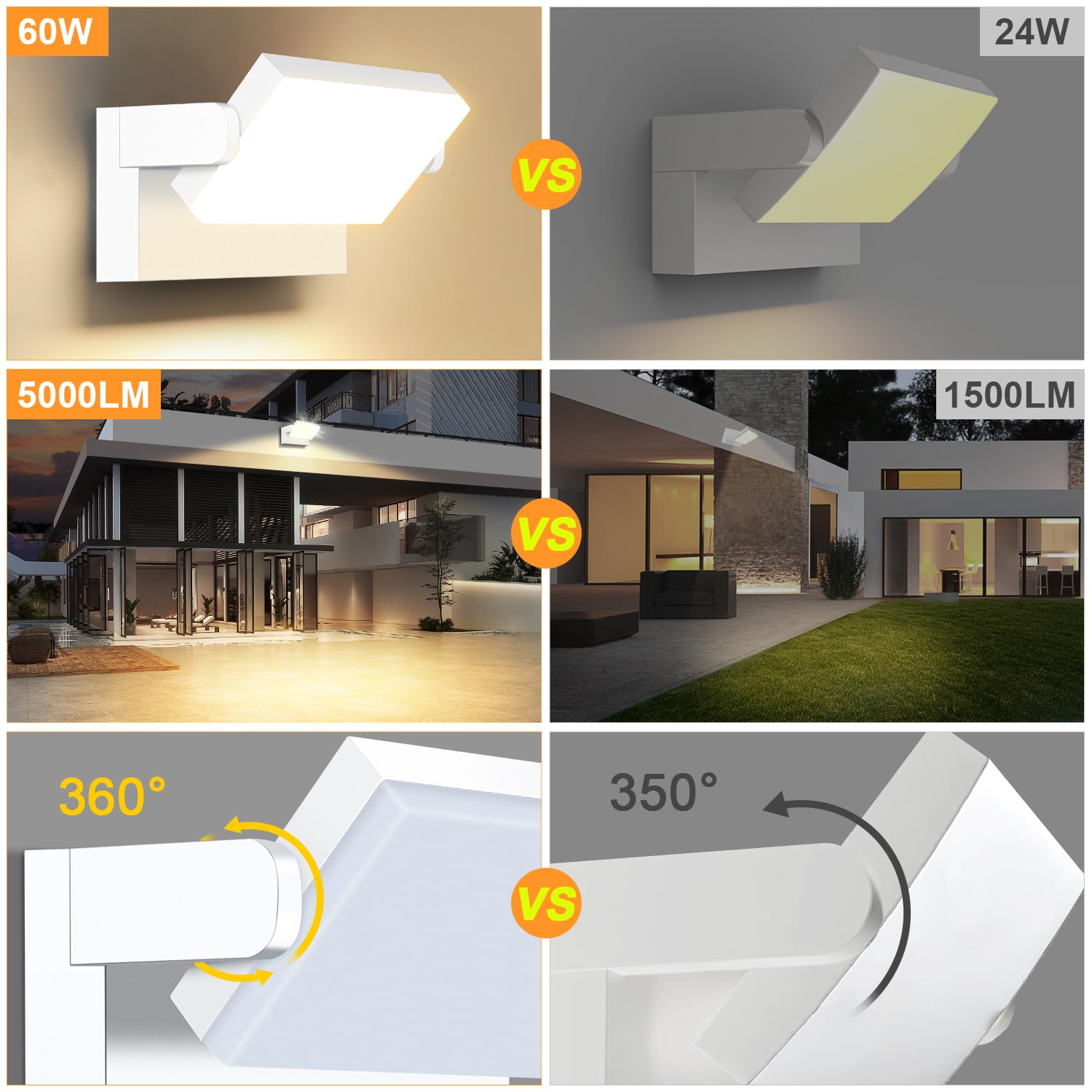 ledmo 60W Applique da Parete LED Esterno 360° Moderno Lampade da Esterno Regolabile Faretto Led da Esterno per Terrazza Ingresso Giardini, Bianco, 126 LEDs, 5000 Lumen, Bianco Caldo 3000K, IP65