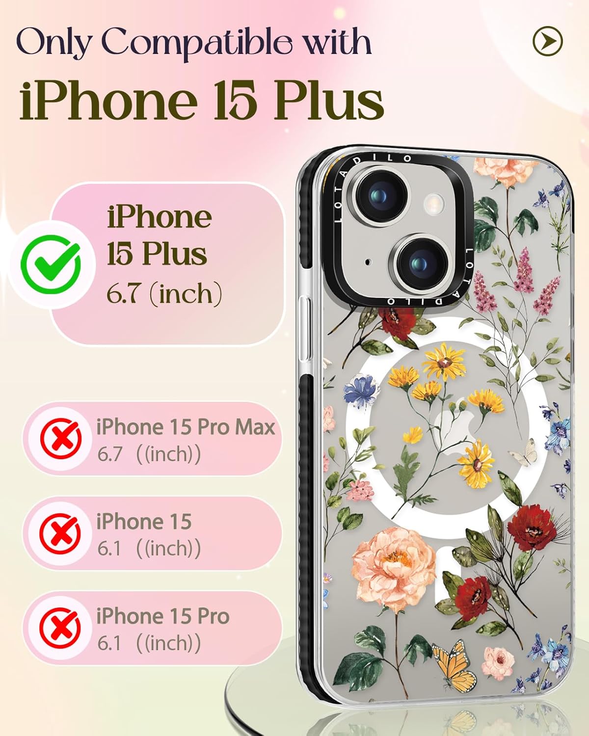 for iPhone 15 Plus Case for Women - Girls Kawaii Design Compatible with Magsafe Magnetic Ring Holder Stand Retro Flower Phone Covers Aesthetic Girly TPU Funda for 15 Plus - Image 2