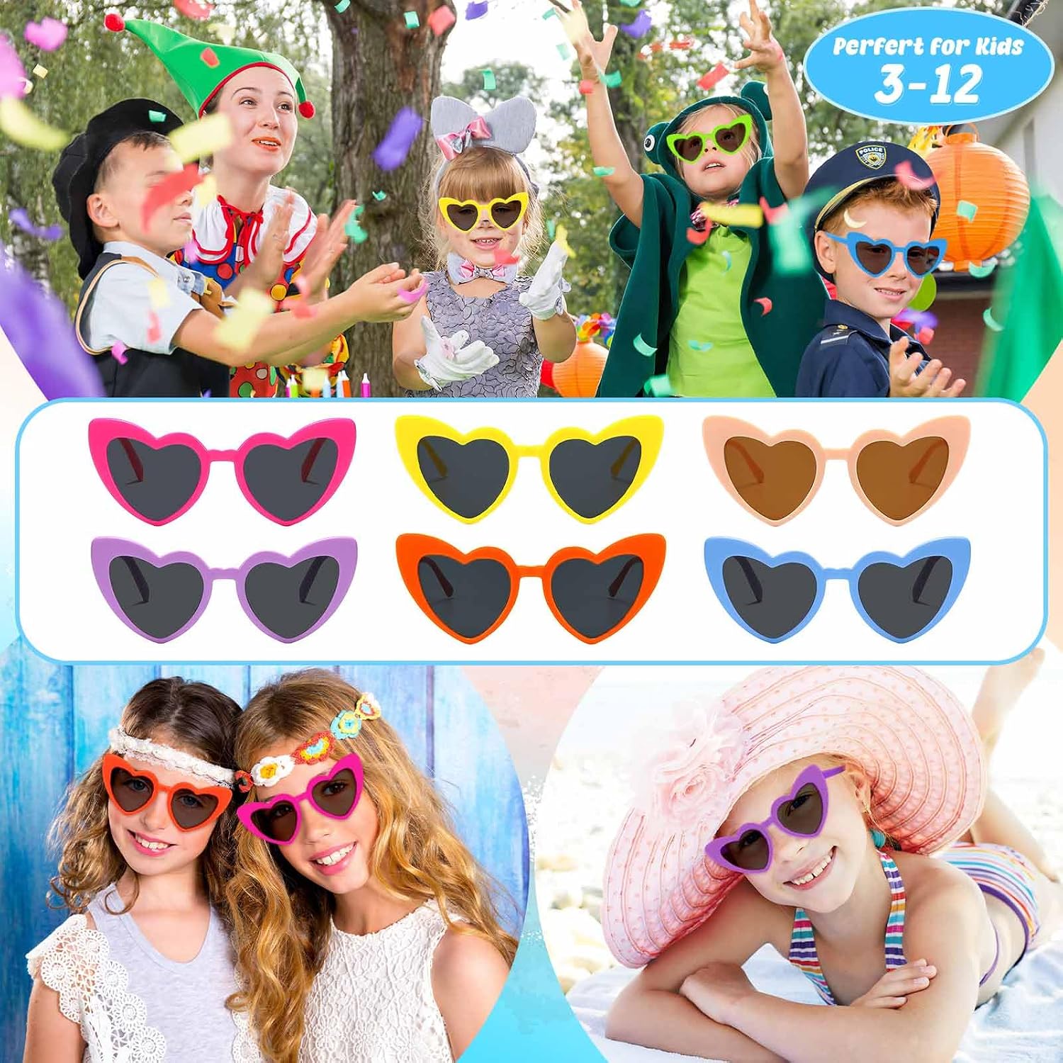 SUNOVELTIES 12 Pack Kids Heart Sunglasses Bulk, Cute Heart Shape Toddler Baby Glasses for Girls Boys Party Favors