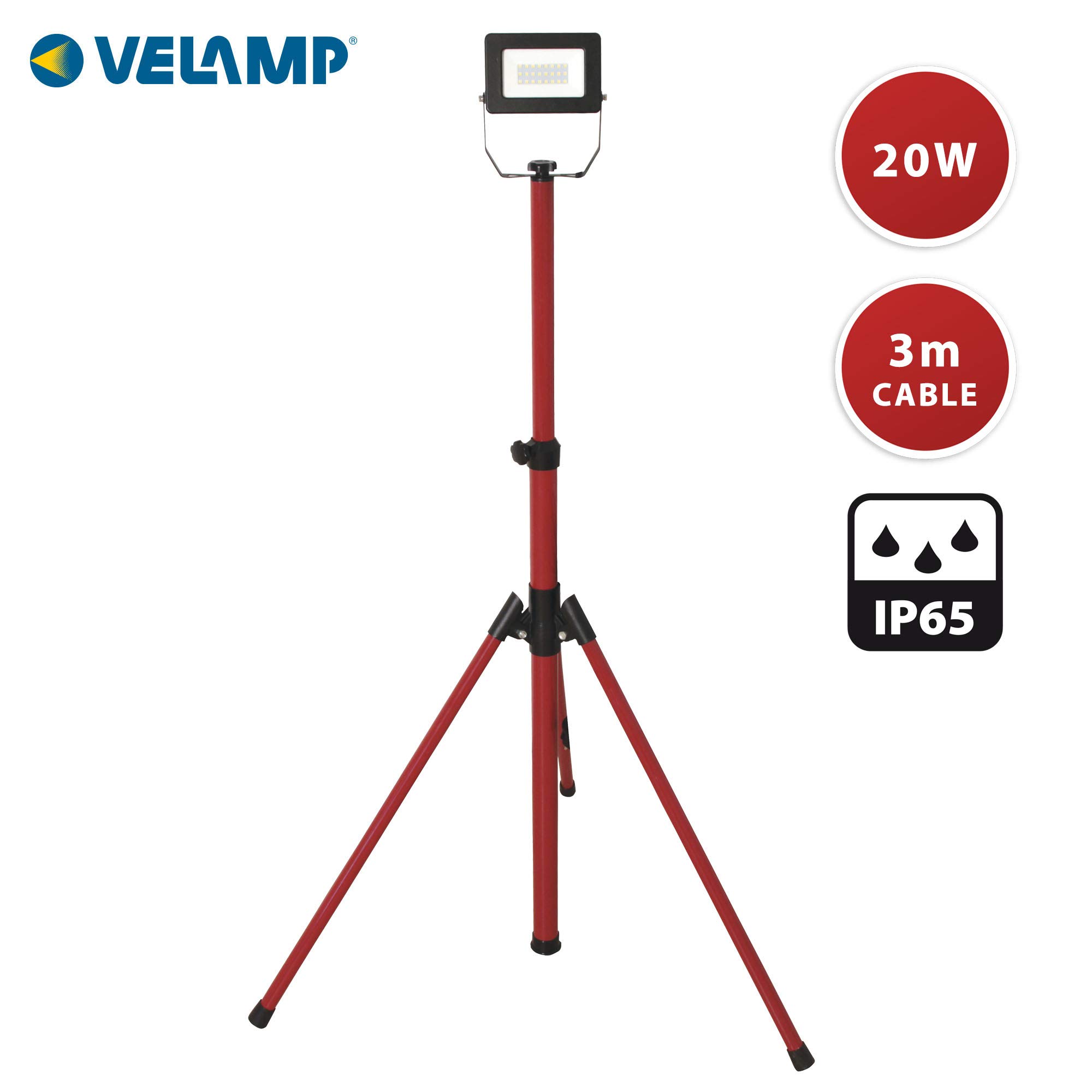 Velamp Projektor punktowy LED na statywu, 1600 lm 20 W, czerwony, kabel 3 m, wodoodporny IP65. Zastosowanie na zewnątrz, praca, imprezy i grill w ogrodzie, metal, 20 W