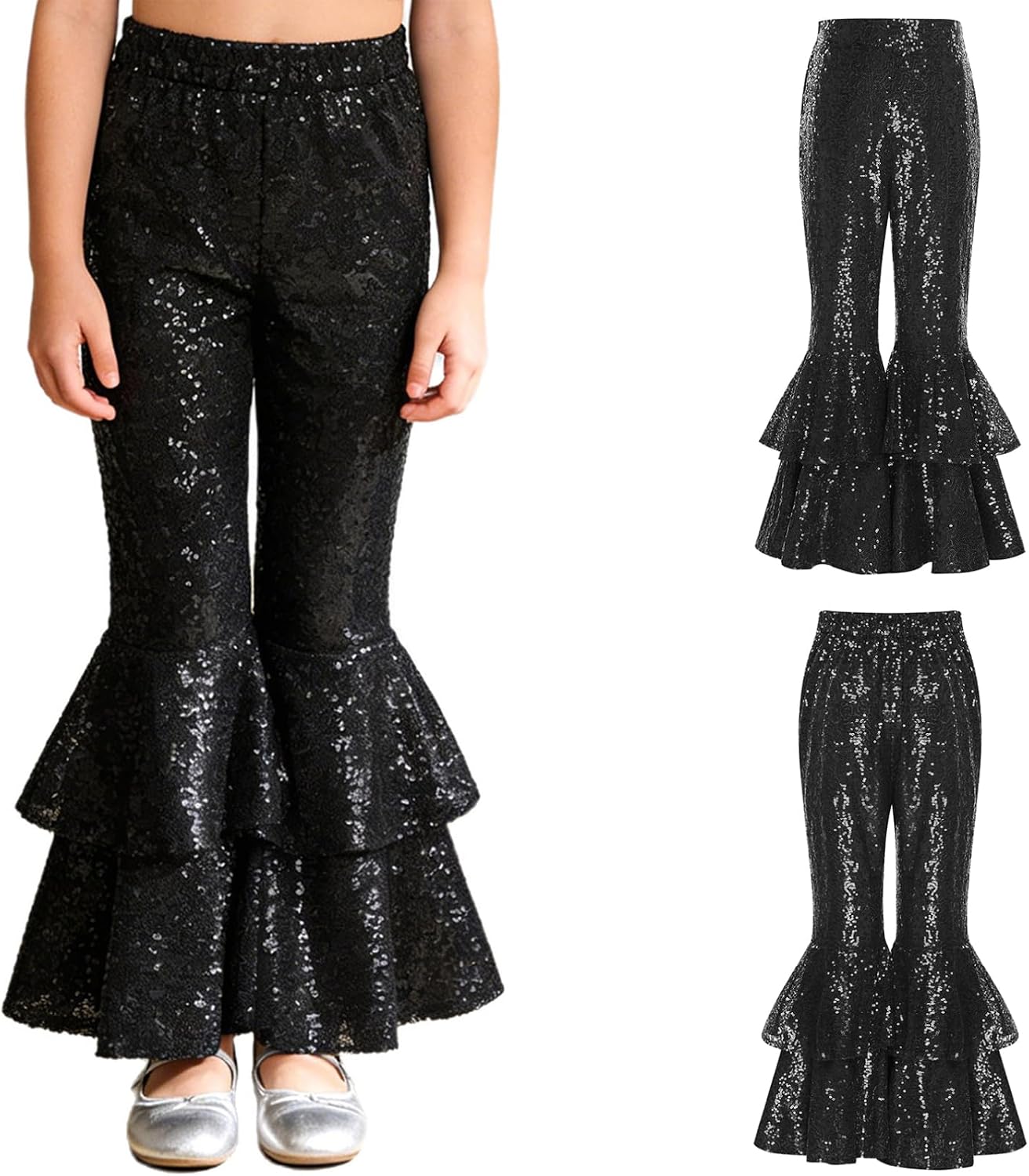 TiaoBug Girl's Sparkly Ruffled High Waisted Sequin Flare Pants Trousers Glitter Dance Bell Bottom