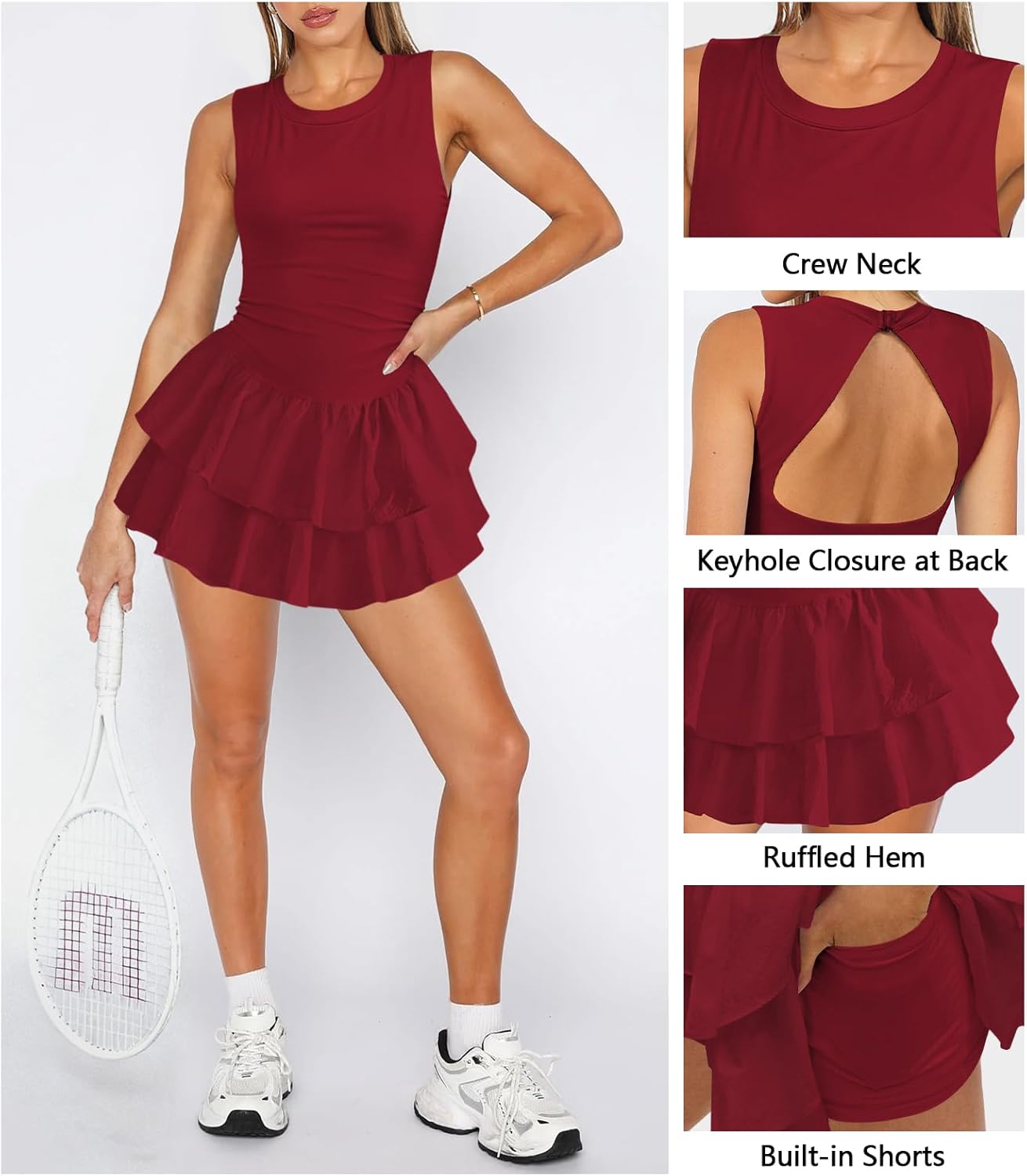 Women's Tennis Pleated Ruffle Athletic Dress for Women Mini Flowy Layered Ruffle Crewneck Sleeveless Dress with Shorts - Image 4