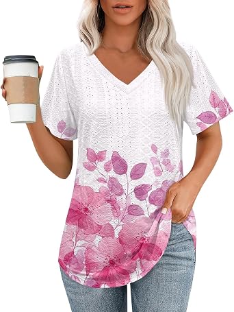 Womens Short Sleeve Tops Dressy Loose V Neck Pullover Summer Blouses Casual T-Shirts Printed Basic Top with Curved Hem