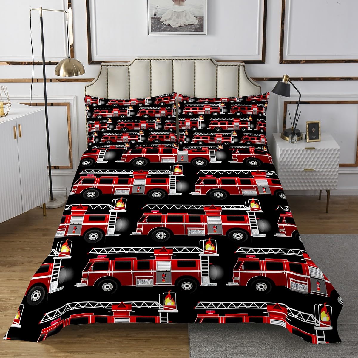Erosebridal Cartoon Vehicles Quilted Red Fire Truck Bedspread Twin Size,Fire Engine Truck Coverlet Set for Child Teens,Firemen Car Vehicle Quilt Set Firefighter Truck Kids Car Theme Room Decor